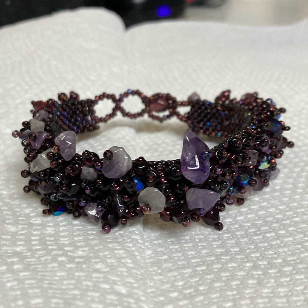 Artisan Purple Cha-cha Glass Seed Beaded Band Bracelet 6.5 - 7.5”